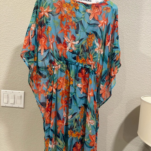 Tommy Bahama Tropical Paradise V-Neck Swim Coverup in Turquoise and Coral - Picture 5 of 5